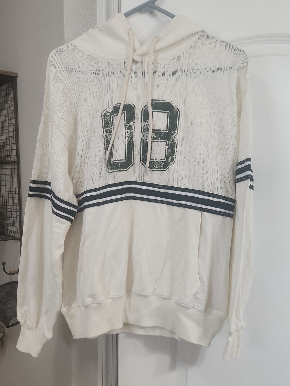 BDG Cream Lace-Panel Hoodie with Green Stripe and 08 Graphic